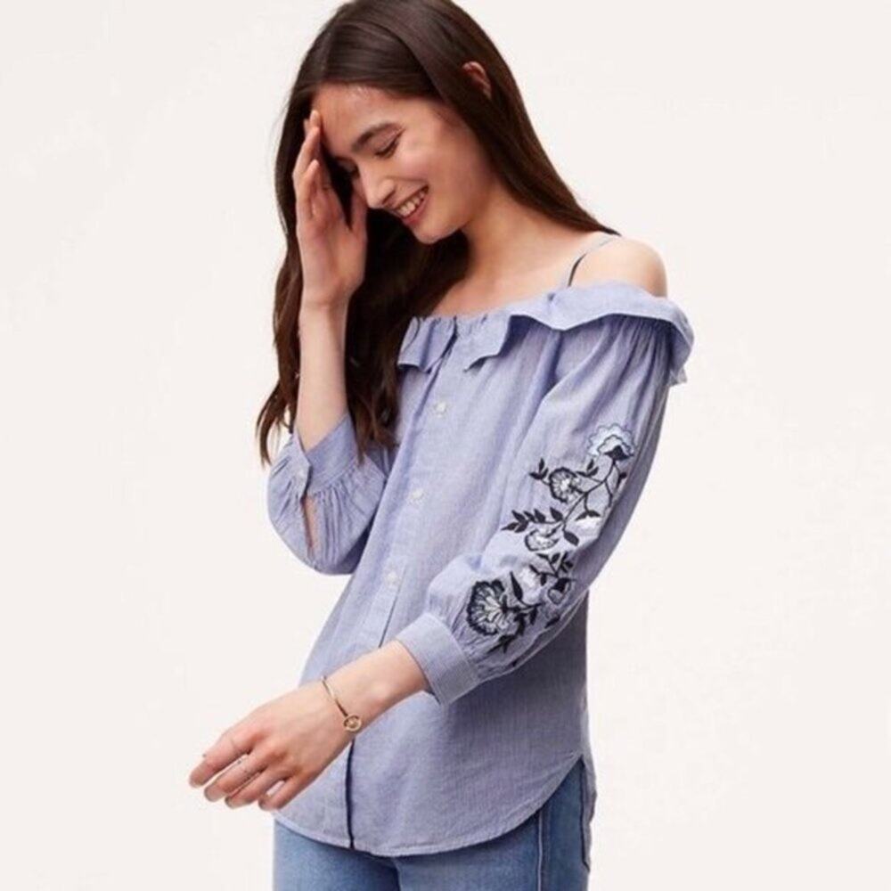 Loft Embroidered Top Women’s XS Blue Stripe Casual Off Shoulder Cotton